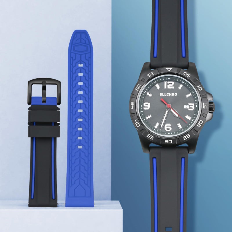 ULLCHRO Silicone Watch Strap Replacement Rubber Watch Band Waterproof Bicolor Men Women - 20, 22, 24, 26mm Watch Bracelet with Brushed Stainless Steel Buckle Black (26mm, black & blue) - Image 4